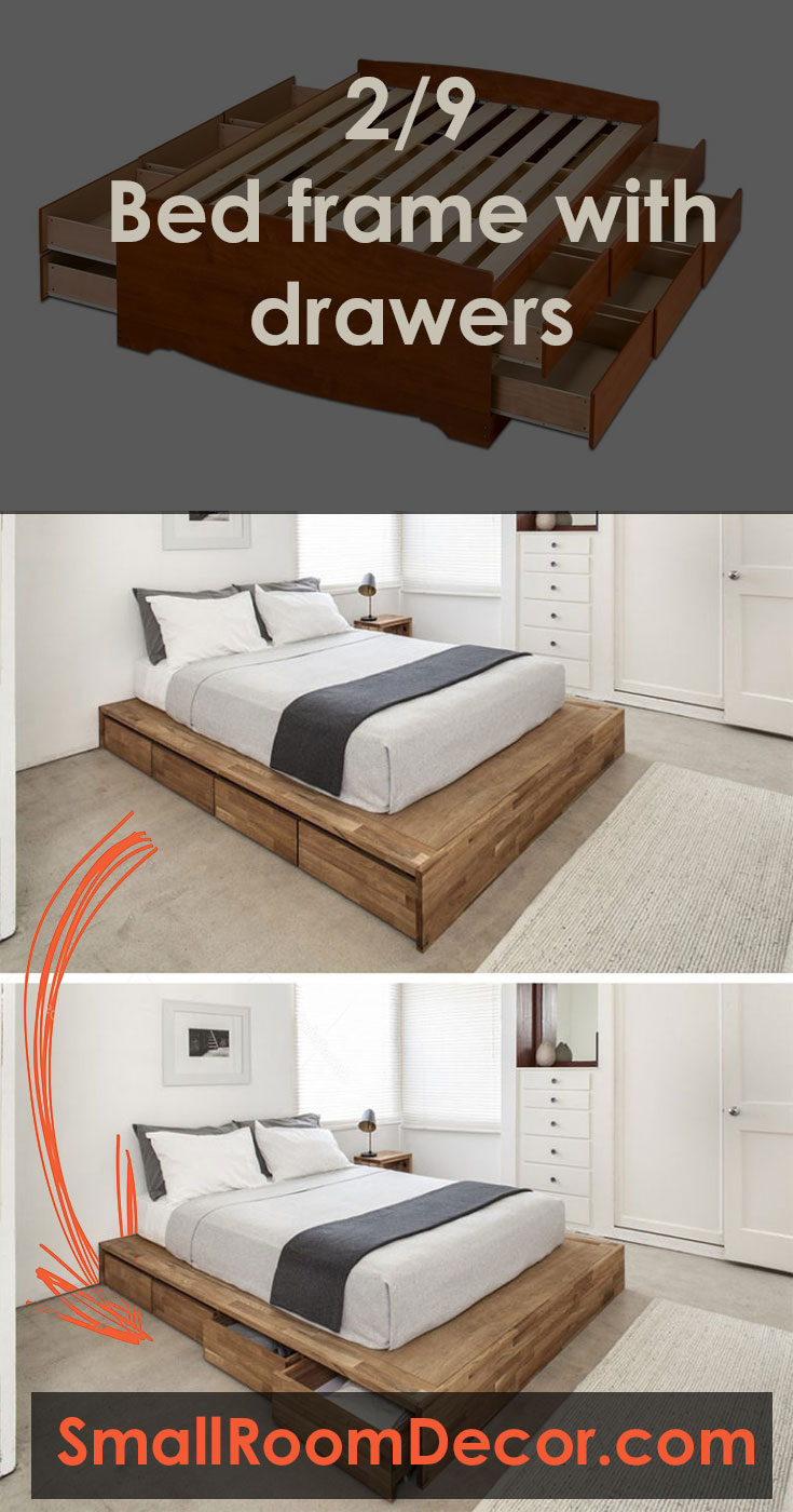 Bed frame with drawers for small beroom storage #diybedroomideasforsmallrooms