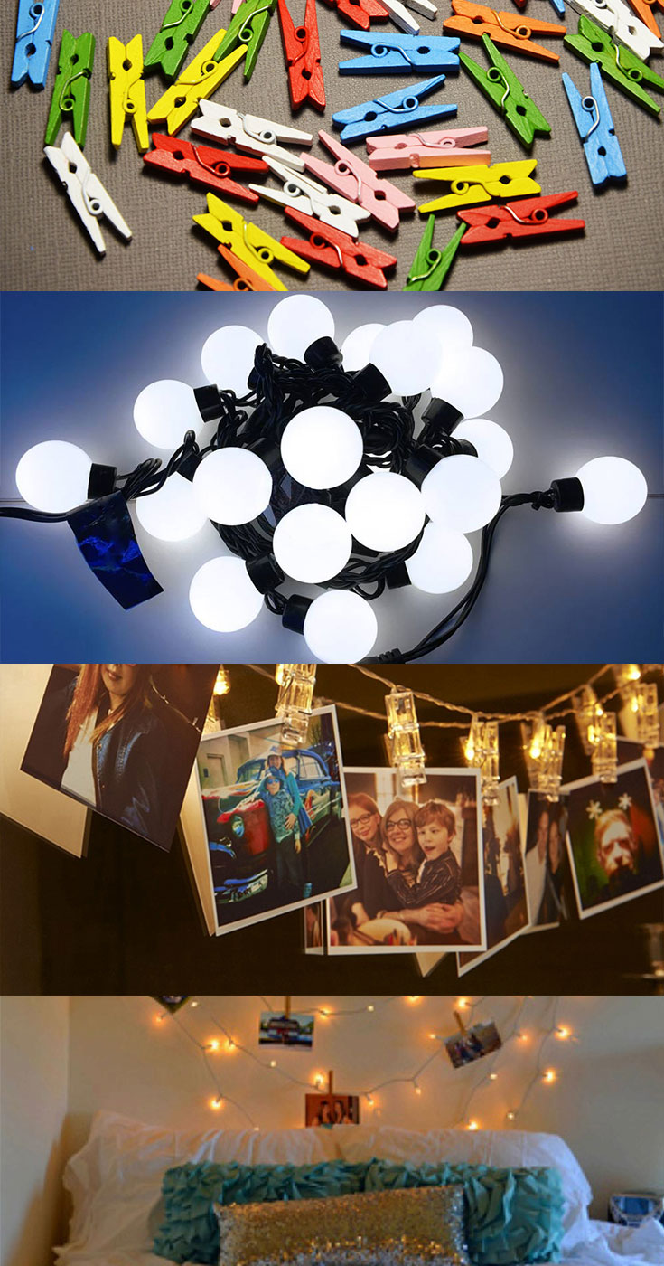 String lights with photos in small bedroom #bedroomlamps