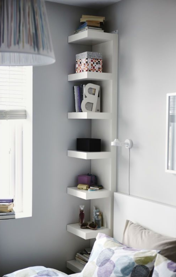 White floor-to-ceiling #shelving in #bedroom