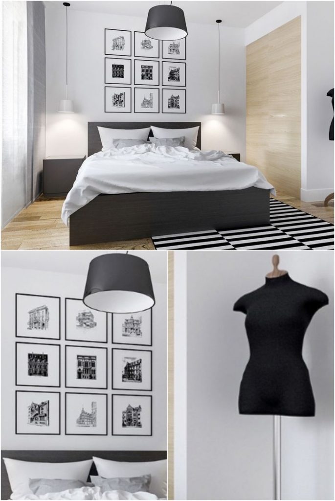 Black and white bedroom with wood on the wall and modern lamps #interiorideas #bedroomlamps #smallbedrooms