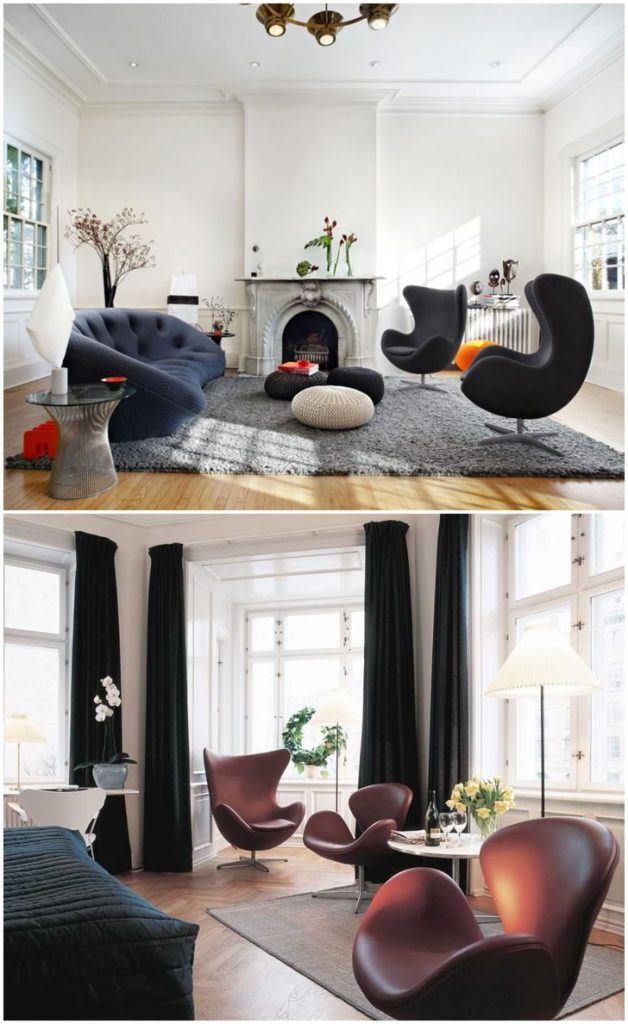Brown leather egg chair in small living room #eggchair #accentchairs #livingroomsets