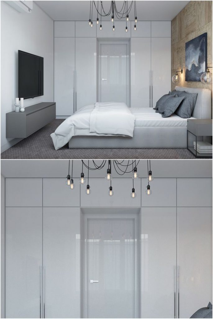 Glossy closet with a mezzanine and hanging chandelier in the white bedroom #homestyle #bedroomdecorideas #lighting