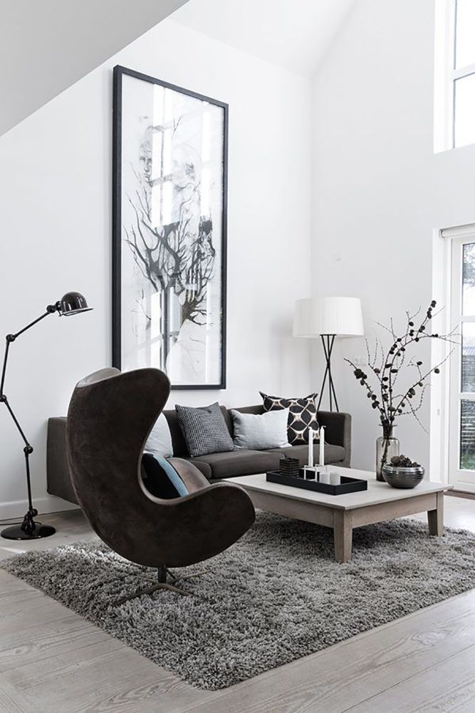 Grey egg chair in white living room #eggchair #accentchairs #homedecorideascozy