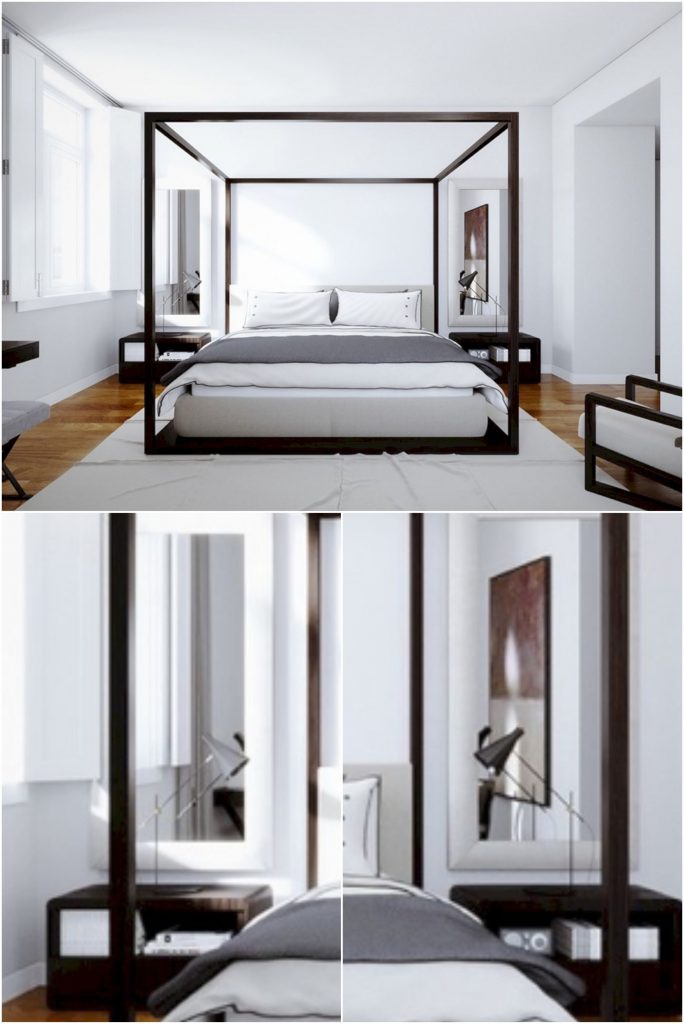 Light bedside lamps in a minimalist black and white bedroom #bedside #home #wallsconcelighting