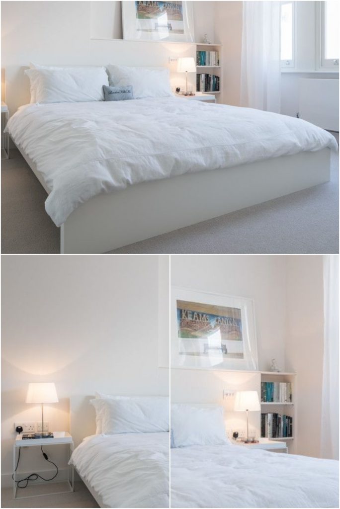 Simple inexpensive bedside lamps in a small white bedroom #allwhite #bedsidelamp #diyhomedecor