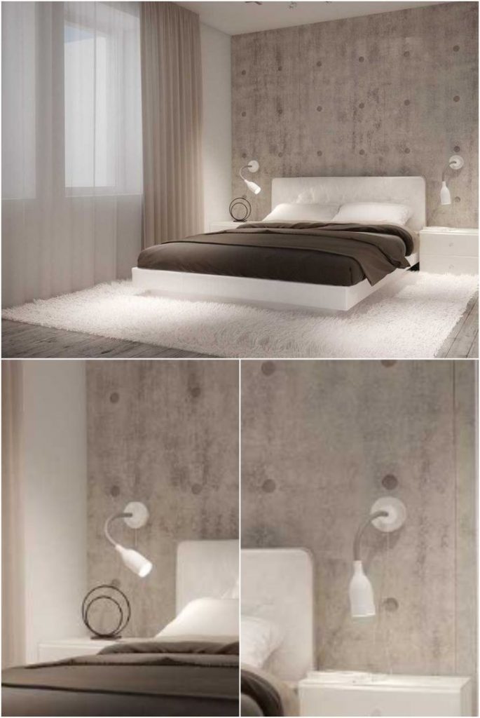 White wall sconces on a concrete wall in a small bedroom #lampbedroom #homedesign #wallsconces